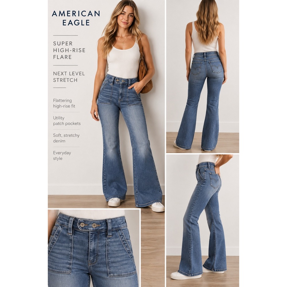 American Eagle Super High-Rise Flare Jeans Medium Wash Utility Patch Pocket 2S - Picture 2 of 10